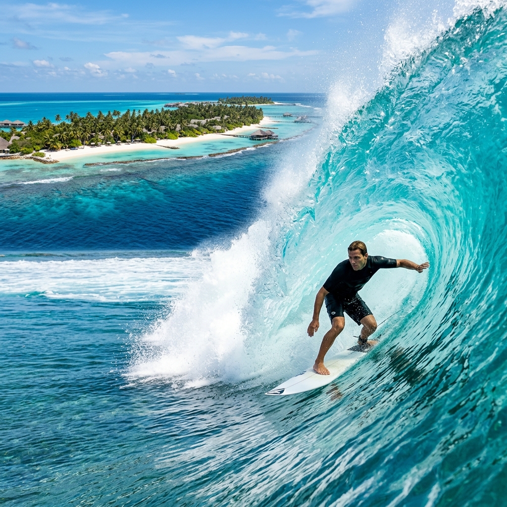 Surfer Riding Crystal Turquoise Wave Maldives